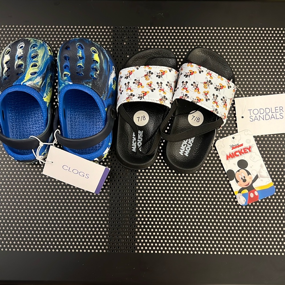 2 Pair Toddler size M 7/8 * Disney MICKEY MOUSE & Blue Tie Dye Clogs with Straps